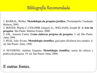 Bibliografia Recomendada
1. BARRAL, Welber. Metodologia da pesquisa jurídica. Florianópolis: Fundação
Boiteux, 2003.
2. BOOTH, Wayne C; COLOMB, Gregory G.; WILLIANS, Joseph M. A Arte da
pesquisa. São Paulo: Martins Fontes, 2000.
2. GIL, Antonio Carlos. Como elaborar projetos de pesquisa. 3. ed. São Paulo:
Atlas 1996.
3. RUIZ, João Álvaro. Metodologia científica: guia para eficiência nos estudos. 4.
ed. São Paulo: Atlas, 1996.
4. SEVERINO, Antônio Joaquim. Metodologia científica: teoria da ciência e
prática da pesquisa. 19. ed. São Paulo: Atlas, 2000.
E outras fontes.
 