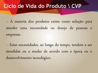 Ciclo de Vida do Produto  CVP
- A maioria dos produtos existe como solução para
atender uma necessidade ou desejo de pessoas e
empresas.
- Estas necessidades, ao longo do tempo, tendem a ser
atendidas ou a mudar de acordo com a época ou o
desenvolvimento tecnológico.
 