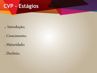 CVP - Estágios
. Introdução;
. Crescimento;
. Maturidade;
. Declínio.
 