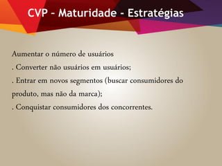 CVP – Maturidade - Estratégias
Aumentar o número de usuários
. Converter não usuários em usuários;
. Entrar em novos segmentos (buscar consumidores do
produto, mas não da marca);
. Conquistar consumidores dos concorrentes.
 