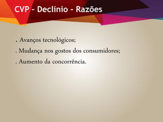 CVP – Declínio - Razões
. Avanços tecnológicos;
. Mudança nos gostos dos consumidores;
. Aumento da concorrência.
 