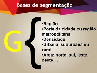 •Região
•Porte da cidade ou região
metropolitana
•Densidade
•Urbana, suburbana ou
rural
•Área: norte, sul, leste,
oeste ...
Bases de segmentação
 