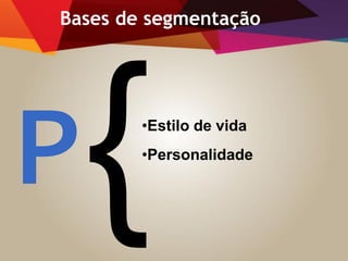 •Estilo de vida
•Personalidade
Bases de segmentação
 
