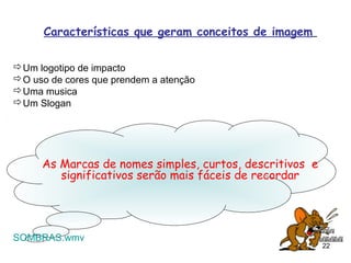 Características que geram conceitos de imagem

Um logotipo de impacto
O uso de cores que prendem a atenção
Uma musica
Um Slogan




     As Marcas de nomes simples, curtos, descritivos e
        significativos serão mais fáceis de recordar




SOMBRAS.wmv
                                                         22
 