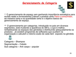 Gerenciamento de Categoria



O  gerenciamento de espaço vem ganhando importância estratégica para
muitas redes e fornecedores.Colocar o produto certo Para o consumidor,
da maneira certa e na quantidade certa é o objetivo básico do
gerenciamento de espaço.

 O gerenciamento por categorias, introduzido no pais em diversos
segmentos, está mudando a aparência do SM e, o que é melhor,
rentabilizando os espaços das gôndolas e distribuindo adequadamente os
produtos . Já existem programas de softwares que auxiliem na
organização e calculem o retorno exato de cada item exposto na gôndola


Categoria – Shampoo
Segmentação – Cabelo
Sub categoria – Anti caspa – popular


                                                                 24
 