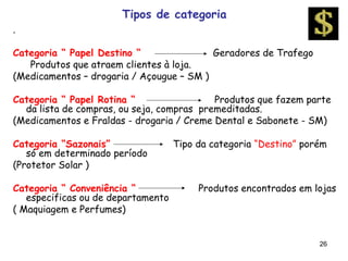 Tipos de categoria
.

Categoria “ Papel Destino “               Geradores de Trafego
   Produtos que atraem clientes à loja.
(Medicamentos – drogaria / Açougue – SM )

Categoria “ Papel Rotina “                 Produtos que fazem parte
  da lista de compras, ou seja, compras premeditadas.
(Medicamentos e Fraldas - drogaria / Creme Dental e Sabonete - SM)

Categoria “Sazonais”                Tipo da categoria “Destino” porém
   só em determinado período
(Protetor Solar )

Categoria “ Conveniência “               Produtos encontrados em lojas
   especificas ou de departamento
( Maquiagem e Perfumes)


                                                                   26
 