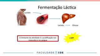 Fermentação Láctica
Lactato
Lactato Glicose
2 ATP
O limitante da atividade é a acidificação nos
músculos e no sangue
 
