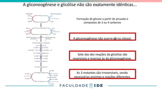 A gliconeogênese e glicólise não são exatamente idênticas...
A gliconeogênese não ocorre só no citosol;
Sete das dez reações da glicólise são
reversíveis e inversas às da gliconeogênese;
As 3 restantes são irreversíveis, sendo
necessárias enzimas e reações diferentes.
Formação de glicose a partir de piruvato e
compostos de 3 ou 4 carbonos
 