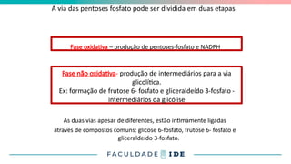 A via das pentoses fosfato pode ser dividida em duas etapas
As duas vias apesar de diferentes, estão intimamente ligadas
através de compostos comuns: glicose 6-fosfato, frutose 6- fosfato e
gliceraldeído 3-fosfato.
Fase oxidativa – produção de pentoses-fosfato e NADPH
Fase não oxidativa- produção de intermediários para a via
glicolítica.
Ex: formação de frutose 6- fosfato e gliceraldeído 3-fosfato -
intermediários da glicólise
 