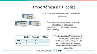 Importância da glicólise
o Via central quase universal do catabolismo
da glicose;
o Única fonte de energia metabólica para
alguns tecidos e células de
mamíferos (eritrócitos, medula
renal, cérebro)
Gasto Produção TOTAL
ATP 2 4 2
NADH  2 2
o Produz poucos ATP’s, mas inicia a
oxidação da glicose; produz
NADH, que será levado para a CR
para produção de ATP e produz
compostos intermediários para
outras vias;
 