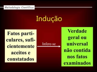 Indução
Fatos parti-
culares, sufi-
cientemente
aceitos e
constatados
Verdade
geral ou
universal
não contida
nos fatos
examinados
Infere-se
Metodologia Científica
 