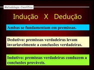 Indução X Dedução
Ambas se fundamentam em premissas.
Indutivo: premissas verdadeiras conduzem a
conclusões prováveis.
Dedutivo: premissas verdadeiras levam
invariavelmente a conclusões verdadeiras.
Metodologia Científica
 