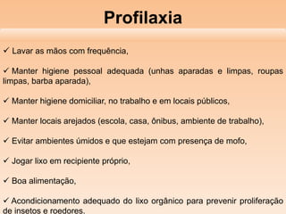 Profilaxia
 Lavar as mãos com frequência,
 Manter higiene pessoal adequada (unhas aparadas e limpas, roupas
limpas, barba aparada),
 Manter higiene domiciliar, no trabalho e em locais públicos,
 Manter locais arejados (escola, casa, ônibus, ambiente de trabalho),
 Evitar ambientes úmidos e que estejam com presença de mofo,
 Jogar lixo em recipiente próprio,
 Boa alimentação,
 Acondicionamento adequado do lixo orgânico para prevenir proliferação
de insetos e roedores.
 