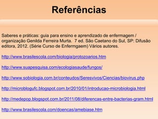 Referências
Saberes e práticas: guia para ensino e aprendizado de enfermagem /
organização Genilda Ferreira Murta. 7 ed. São Caetano do Sul, SP: Difusão
editora, 2012. (Série Curso de Enfermgaem) Vários autores.
http://www.brasilescola.com/biologia/protozoarios.htm
http://www.suapesquisa.com/ecologiasaude/fungos/
http://www.sobiologia.com.br/conteudos/Seresvivos/Ciencias/biovirus.php
http://microblogufc.blogspot.com.br/2010/01/introducao-microbiologia.html
http://medepop.blogspot.com.br/2011/08/diferencas-entre-bacterias-gram.html
http://www.brasilescola.com/doencas/amebiase.htm
 