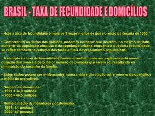 • Hoje a taxa de fecundidade é mais de 3 vezes menor do que no iinníícciioo ddaa ddééccaaddaa ddee 11995500.. 
• CCoommppaarraannddoo ooss ddaaddooss ddooss ggrrááffiiccooss,, ppooddeemmooss ppeerrcceebbeerr qquuee ooccoorrrreemm,, nnoo mmeessmmoo ppeerrííooddoo,, 
aauummeennttoo ddaa ppooppuullaaççããoo aabbssoolluuttaa ee ddaa ppooppuullaaççããoo uurrbbaannaa,, eennqquuaannttoo aa qquueeddaa ddaa ffeeccuunnddiiddaaddee 
ssee rreefflleettee ttaammbbéémm nnaa rreedduuççããoo ddaass ttaaxxaass aannuuaaiiss ddee ccrreesscciimmeennttoo ppooppuullaacciioonnaall.. 
• AA rreedduuççããoo nnaa ttaaxxaa ddee ffeeccuunnddiiddaaddee ffeemmiinniinnaa ttaammbbéémm ppooddee sseerr eexxpplliiccaaddaa ppeellaa mmeennoorr 
dduurraaççããoo ddaass uunniiõõeess ee ppeelloo mmaaiioorr nnúúmmeerroo ddee ppeessssooaass qquuee vviivveemm ssóó,, rreessuullttaannddoo nnaa 
ddiimmiinnuuiiççããoo ddoo ttaammaannhhoo ddaa ffaammíílliiaa.. 
• EEsstteess ddaaddooss ppooddeemm sseerr eevviiddeenncciiaaddooss nnuummaa aannáálliissee ddaa rreellaaççããoo eennttrree nnúúmmeerroo ddee ddoommiiccíílliiooss 
ee mmééddiiaa ddee mmoorraaddoorreess.. 
• NNúúmmeerroo ddee ddoommiiccíílliiooss:: 
-- 11999911 == 3344,,99 mmiillhhõõeess 
-- 22000000 == 4466,,55 mmiillhhõõeess 
• NNúúmmeerroo mmééddiioo ddee mmoorraaddoorreess ppoorr ddoommiiccíílliioo:: 
-- 11999911:: 44,,11 ppeessssooaass 
-- 22000000:: 33,,77 ppeessssooaass 
 