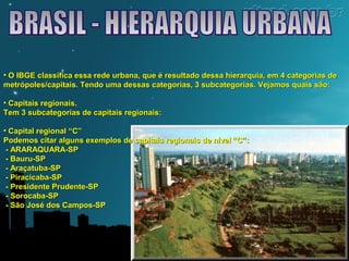 • O IBGE classifica essa rede urbana, que é resultado dessa hierarquia, eemm 44 ccaatteeggoorriiaass ddee 
mmeettrróóppoolleess//ccaappiittaaiiss.. TTeennddoo uummaa ddeessssaass ccaatteeggoorriiaass,, 33 ssuubbccaatteeggoorriiaass.. VVeejjaammooss qquuaaiiss ssããoo:: 
• CCaappiittaaiiss rreeggiioonnaaiiss.. 
TTeemm 33 ssuubbccaatteeggoorriiaass ddee ccaappiittaaiiss rreeggiioonnaaiiss:: 
• CCaappiittaall rreeggiioonnaall ““CC”” 
PPooddeemmooss cciittaarr aallgguunnss eexxeemmppllooss ddee ccaappiittaaiiss rreeggiioonnaaiiss ddee nníívveell ““CC””:: 
- AARRAARRAAQQUUAARRAA-SSPP 
- BBaauurruu-SSPP 
- AArraaççaattuubbaa-SSPP 
- PPiirraacciiccaabbaa-SSPP 
- PPrreessiiddeennttee PPrruuddeennttee-SSPP 
- SSoorrooccaabbaa-SSPP 
- SSããoo JJoosséé ddooss CCaammppooss-SSPP 
 