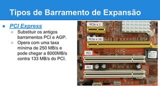 Tipos de Barramento de Expansão 
● PCI Express 
○ Substituir os antigos 
barramentos PCI e AGP. 
○ Opera com uma taxa 
mínima de 250 MB/s e 
pode chegar a 8000MB/s 
contra 133 MB/s do PCI. 
 
