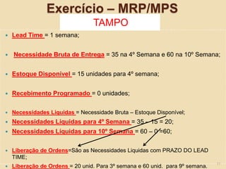 Exercício – MRP/MPS
TAMPO
 Lead Time = 1 semana;
 Necessidade Bruta de Entrega = 35 na 4º Semana e 60 na 10º Semana;
 Estoque Disponível = 15 unidades para 4º semana;
 Recebimento Programado = 0 unidades;
 Necessidades Liquidas = Necessidade Bruta – Estoque Disponível;
 Necessidades Líquidas para 4º Semana = 35 – 15 = 20;
 Necessidades Líquidas para 10º Semana = 60 – 0 =60;
 Liberação de Ordens=São as Necessidades Liquidas com PRAZO DO LEAD
TIME;
 Liberação de Ordens = 20 unid. Para 3º semana e 60 unid. para 9º semana. 11
 