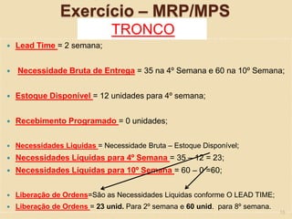 Exercício – MRP/MPS
TRONCO
 Lead Time = 2 semana;
 Necessidade Bruta de Entrega = 35 na 4º Semana e 60 na 10º Semana;
 Estoque Disponível = 12 unidades para 4º semana;
 Recebimento Programado = 0 unidades;
 Necessidades Liquidas = Necessidade Bruta – Estoque Disponível;
 Necessidades Líquidas para 4º Semana = 35 – 12 = 23;
 Necessidades Líquidas para 10º Semana = 60 – 0 =60;
 Liberação de Ordens=São as Necessidades Liquidas conforme O LEAD TIME;
 Liberação de Ordens = 23 unid. Para 2º semana e 60 unid. para 8º semana.
15
 