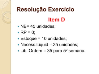 Resolução Exercício
Item D
 NB= 45 unidades;
 RP = 0;
 Estoque = 10 unidades;
 Necess.Liquid = 35 unidades;
 Lib. Ordem = 35 para 5º semana.
 