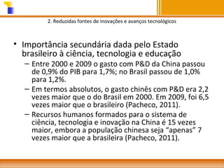 2. Reduzidas fontes de inovações e avanços tecnológicos

• Importância secundária dada pelo Estado
brasileiro à ciência, tecnologia e educação

– Entre 2000 e 2009 o gasto com P&D da China passou
de 0,9% do PIB para 1,7%; no Brasil passou de 1,0%
para 1,2%.
– Em termos absolutos, o gasto chinês com P&D era 2,2
vezes maior que o do Brasil em 2000. Em 2009, foi 6,5
vezes maior que o brasileiro (Pacheco, 2011).
– Recursos humanos formados para o sistema de
ciência, tecnologia e inovação na China é 15 vezes
maior, embora a população chinesa seja “apenas” 7
vezes maior que a brasileira (Pacheco, 2011).

 