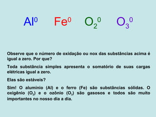 Al 0 Fe 0 O 2 0 O 3 0 Observe que o número de oxidação ou nox das substâncias acima é igual a zero. Por que? Toda substância simples apresenta o somatório de suas cargas elétricas igual a zero.  Elas são estáveis? Sim! O alumínio (Al) e o ferro (Fe) são substâncias sólidas. O oxigênio (O 2 ) e o ozônio (O 3 ) são gasosos e todos são muito importantes no nosso dia a dia. 