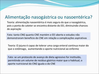 Alimentação nasogástrica ou nasoentérica? Teoria: alimentação nasoentérica é mais segura do que a nasogástrica, pois a ponta do cateter se encontra distante do EEI, diminuindo chances de aspiração Teoria: O jejuno é capaz de tolerar uma carga enteral continua maior do que o estômago,  aumentando o aporte nutricional ao enfermo Fato: tanto CNG quanto CNE mantém o EEI aberto e estudos não demonstraram beneficio do CNE em relação a complicações aspirativas Fato: se um protocolo de avanço de dieta agressivo for instituído, permitindo um volume de resíduo gástrico maior que o habitual, o aporte nutricional do CNG iguala o do CNE 