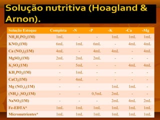 Solução Estoque

Completa

-N

-P

-K

-Ca

-Mg

NH4H2PO4(1M)

1mL

-

-

1mL

1mL

1mL

KNO3(1M)

6mL

1mL

6mL

-

4mL

4mL

Ca (NO3)2(1M)

4mL

-

4mL

4mL

-

4mL

MgSO4(1M)

2mL

2mL

2mL

-

-

-

K2SO4(1M)

-

5mL

-

-

4mL

4mL

KH2PO4(1M)

-

1mL

-

-

-

-

CaCl2(1M)

-

4mL

-

-

-

-

Mg (NO3)2(1M)

-

-

1mL

1mL

-

(NH4) 2SO4(1M)

-

-

0,5mL

2mL

-

-

NaNO3(1M)

-

-

-

2mL

4mL

2mL

Fe-EDTA*

1mL

1mL

1mL

1mL

1mL

1mL

Micronutrientes*

1mL

1mL

1mL

1mL

1mL

1mL

 