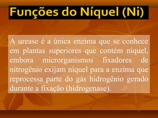 A urease é a única enzima que se conhece
em plantas superiores que contém níquel,
embora microrganismos fixadores de
nitrogênio exijam níquel para a enzima que
reprocessa parte do gás hidrogênio gerado
durante a fixação (hidrogenase).

 