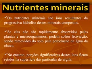 Os nutrientes minerais são íons resultantes da
progressiva hidrólise destes minerais compostos.
Se eles não são rapidamente absorvidos pelas
plantas e microorganismos, podem sofrer lixiviação,
sendo removidos do solo pela percolação da água da
chuva.
No entanto, porções significativas destes íons ficam
retidos na superfície das partículas de argila.

 
