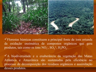 Florestas húmicas constituem a principal fonte de íons oriunda
da oxidação enzimática de compostos orgânicos que gera
produtos, tais como os íons NO3-, SO42-, H2PO4-.
A biodiversidade e a exuberância da vegetação das Matas
Atlântica e Amazônica são sustentadas pela eficiência no
processo de decomposição dos resíduos orgânicos e assimilação
desses produtos.

 