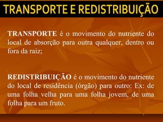 TRANSPORTE é o movimento do nutriente do
local de absorção para outra qualquer, dentro ou
fora da raiz;
REDISTRIBUIÇÃO é o movimento do nutriente
do local de residência (órgão) para outro: Ex: de
uma folha velha para uma folha jovem, de uma
folha para um fruto.

 