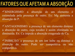 SINERGISMO: a absorção de um elemento é
estimulada pela presença de outro. Ex: Mg aumenta a
absorção de P.
ANTAGONISMO: a presença de um elemento diminui
a absorção de outro, cuja toxidez é assim eliminada ou
diminuída. Ex: Ca impede a absorção exagerada do Cu.
INIBIÇÃO: a presença de um íon inibe ou diminui a
absorção do outro. Pode ser competitiva ou não
competitiva.

 