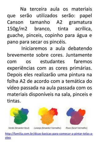 Na terceira aula os materiais
que serão utilizados serão: papel
Canson tamanho A2 gramatura
150g/m2 branco, tinta acrílica,
guache, pinceis, copinho para água e
pano para secar os pincéis.
Iniciaremos a aula debatendo
brevemente sobre cores. Juntamente
com
os
estudantes
faremos
experiências com as cores primárias.
Depois eles realizarão uma pintura na
folha A2 de acordo com a temática do
vídeo passada na aula passada com os
materiais disponíveis na sala, pinceis e
tintas.

http://familia.com.br/dicas-basicas-para-comecar-a-pintar-telas-aoleo

 