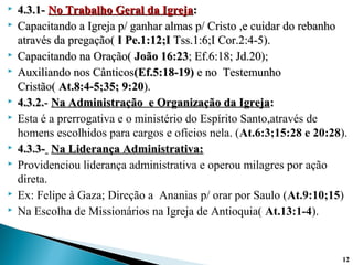  4.3.1-4.3.1- No Trabalho Geral da IgrejaNo Trabalho Geral da Igreja::
 Capacitando a Igreja p/ ganhar almas p/ Cristo ,e cuidar do rebanhoCapacitando a Igreja p/ ganhar almas p/ Cristo ,e cuidar do rebanho
através da pregação(através da pregação( I Pe.1:12;II Pe.1:12;I Tss.1:6;I Cor.2:4-5).Tss.1:6;I Cor.2:4-5).
 Capacitando na Oração(Capacitando na Oração( João 16:23João 16:23; Ef.6:18; Jd.20);; Ef.6:18; Jd.20);
 Auxiliando nos CânticosAuxiliando nos Cânticos(Ef.5:18-19)(Ef.5:18-19) e no Testemunhoe no Testemunho
Cristão(Cristão( At.8:4-5;35; 9:20At.8:4-5;35; 9:20).).
 4.3.2.4.3.2.-- Na Administração e Organização da IgrejaNa Administração e Organização da Igreja::
 Esta é a prerrogativa e o ministério do Espírito Santo,através de
homens escolhidos para cargos e ofícios nela. (At.6:3;15:28 e 20:28).
 4.3.3-4.3.3- Na Liderança Administrativa:Na Liderança Administrativa:
 Providenciou liderança administrativa e operou milagres por ação
direta.
 Ex: Felipe à Gaza; Direção a Ananias p/ orar por Saulo (At.9:10;15)
 Na Escolha de Missionários na Igreja de Antioquia( At.13:1-4).
12
 