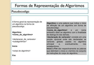 Formas de Representação de Algoritmos
Pseudocodigo
Algoritmo
<nome_do_algoritmo>
<declaracao_de_variaveis>
<subalgoritmos>
Inicio
<corpo do algoritmo>
Fim
Algoritmo e uma palavra que indica o inicio
da difinição de um algoritmo em forma de
pseudocodigo.
<nome_do_algoritmo> e um nome
simbolico dado ao algoritmo com a finalidade
de distingui-lo dos demais.
<declaração de variaveis> consiste em uma
porção opcional onde são declaradas as
variaveis globais usadas no algoritmo
principal e, eventualmente, nos
subalgoritmos.
Inicio e Fim são respectivamente as palavas
que delimitam o inicio e o termino do conjunto
de instruções do corpo do algoritmo.
A forma geral da representação de
um algoritmo na forma de
pseudocodigo
 
