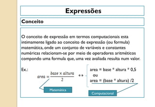 O conceito de expressão em termos computacionais esta
intimamente ligado ao conceito de expressão (ou formula)
matemática, onde um conjunto de variáveis e constantes
numéricas relacionam-se por meio de operadores aritméticos
compondo uma formula que, uma vez avaliada resulta num valor.
Ex.: area = base * altura * 0,5
ou
area = (base * altura) /2
Expressões
Conceito
Computacional
Matemática
 