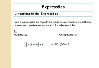 Expressões
Linearização de Expressões
Para a construção de algoritmos todas as expressões aritméticas
devem ser linearizados, ou seja, colocadas em linha.
Ex:
Matemática Computacional
 (2/3+(5-3))+1
 