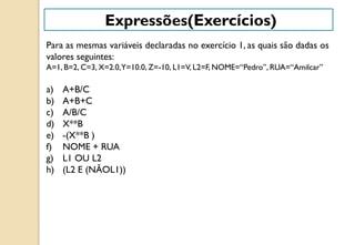 Para as mesmas variáveis declaradas no exercício 1, as quais são dadas os
valores seguintes:
A=1, B=2, C=3, X=2.0,Y=10.0, Z=-10, L1=V, L2=F, NOME=“Pedro”, RUA=“Amilcar”
a) A+B/C
b) A+B+C
c) A/B/C
d) X**B
e) -(X**B )
f) NOME + RUA
g) L1 OU L2
h) (L2 E (NÃOL1))
Expressões(Exercícios)
 