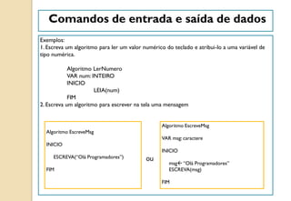 Comandos de entrada e saída de dados
Exemplos:
1. Escreva um algoritmo para ler um valor numérico do teclado e atribui-lo a uma variável de
tipo numérica.
Algoritmo LerNumero
VAR num: INTEIRO
INICIO
LEIA(num)
FIM
2. Escreva um algoritmo para escrever na tela uma mensagem
Algoritmo EscreveMsg
INICIO
ESCREVA(“Olá Programadores”)
FIM
Algoritmo EscreveMsg
VAR msg: caractere
INICIO
msg “Olá Programadores”
ESCREVA(msg)
FIM
ou
 