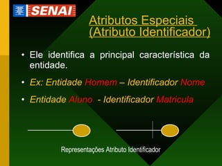 Atributos Especiais  (Atributo Identificador) Ele identifica a principal característica da entidade. Ex: Entidade  Homem  – Identificador  Nome Entidade  Aluno   - Identificador  Matricula Representações Atributo Identificador 