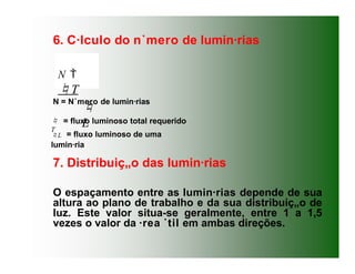 6. C·lculo do n˙mero de lumin·rias
N = N˙mero de lumin·rias
= fluxo luminoso total requerido
7. Distribuiç„o das lumin·rias
O espaçamento entre as lumin·rias depende de sua
altura ao plano de trabalho e da sua distribuiç„o de
luz. Este valor situa-se geralmente, entre 1 a 1,5
vezes o valor da ·rea ˙til em ambas direções.
L = fluxo luminoso de uma
lumin·ria
N 
T

L

T
 