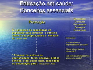 Educação em saúde:
Conceitos essenciais
Promoção
É o processo de capacitação da
população para aumentar o controlo
sobre a sua própria saúde e melhorála. Ottawa, 1986

Dimensões:
Curricular
Psicossocial
Ecológica
Comunitária
Implicações:
-A quem atribuir a
responsabilidade da saúde?
-Quem são os alvos de
intervenção?

“ Fornecer os meios e as
oportunidades, tornar possível, prático,
simples, e dar poder legal, capacidade
ou autorização para”. Albuquerque , 1999

-Até onde devemos/podemos
promover a saúde?

 