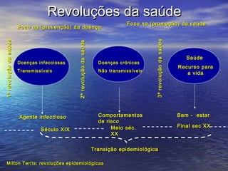 Revoluções da saúde

Transmissíveis

Agente infeccioso
Século XIX

Foco na (promoção) da saúde

Doenças crónicas
Não transmissíveis

3ª revolução da saúde

Doenças infecciosas

2ª revolução da saúde

1ª revolução da saúde

Foco na (prevenção) da doença

Comportamentos
de risco
Meio séc.
XX
Transição epidemiológica

Milton Terris: revoluções epidemiológicas

Saúde
Recurso para
a vida

Bem - estar
Final sec XX

 