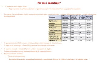 Por que é importante?Por que é importante?
• A importância do SI para saúde;
– Respostas imunes defeituosas tornam o organismo suscetível à sérias infecções, que podem levar a morte.
• Vacinação é o método mais efetivo para proteger os indivíduos contra infecções, e o único método que conduziu a erradicação de uma
doença humana.
• O aparecimento da AIDS nos anos oitenta, enfatizou a importância do sistema imune.
• O impacto de imunologia vai além da proteção contra doenças infecciosas.
• A resposta imune é a principal barreira contra o transplante de órgãos.
• Tratamento de cânceres com base na estimulação de respostas imunes.
• Respostas imunes anormais.
– Causa de muitas doenças.
Por todas estas razões, o campo de Imunologia conquistou a atenção de clínicos, cientistas, e do público geral.
 