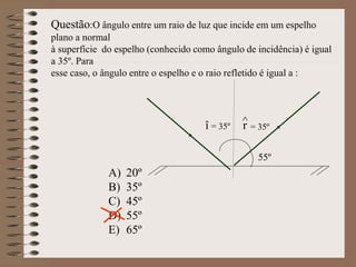 ^
r
Questão:O ângulo entre um raio de luz que incide em um espelho
plano a normal
à superfície do espelho (conhecido como ângulo de incidência) é igual
a 35º. Para
esse caso, o ângulo entre o espelho e o raio refletido é igual a :
î = 35º = 35º
55º
A) 20º
B) 35º
C) 45º
D) 55º
E) 65º
 