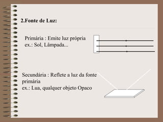 2.Fonte de Luz:
Primária : Emite luz própria
ex.: Sol, Lâmpada...
Secundária : Reflete a luz da fonte
primária
ex.: Lua, qualquer objeto Opaco
 