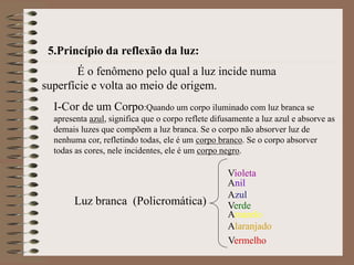 5.Princípio da reflexão da luz:
É o fenômeno pelo qual a luz incide numa
superfície e volta ao meio de origem.
I-Cor de um Corpo:Quando um corpo iluminado com luz branca se
apresenta azul, significa que o corpo reflete difusamente a luz azul e absorve as
demais luzes que compõem a luz branca. Se o corpo não absorver luz de
nenhuma cor, refletindo todas, ele é um corpo branco. Se o corpo absorver
todas as cores, nele incidentes, ele é um corpo negro.
Vermelho
Alaranjado
Verde
Azul
Anil
Violeta
Luz branca (Policromática)
Amarelo
 