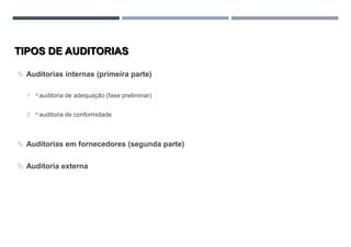 TIPOS DE AUDITORIAS
 Auditorias internas (primeira parte)
1 o auditoria de adequação (fase preliminar)
2 o auditoria de conformidade
 Auditorias em fornecedores (segunda parte)
 Auditoria externa
 