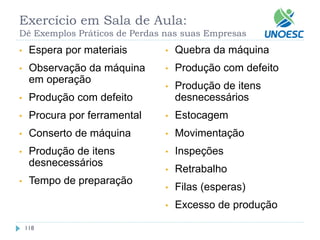 Exercício em Sala de Aula: Dê Exemplos Práticos de Perdas nas suas Empresas 
118 
•Espera por materiais 
•Observação da máquina em operação 
•Produção com defeito 
•Procura por ferramental 
•Conserto de máquina 
•Produção de itens desnecessários 
•Tempo de preparação 
•Quebra da máquina 
•Produção com defeito 
•Produção de itens desnecessários 
•Estocagem 
•Movimentação 
•Inspeções 
•Retrabalho 
•Filas (esperas) 
•Excesso de produção  